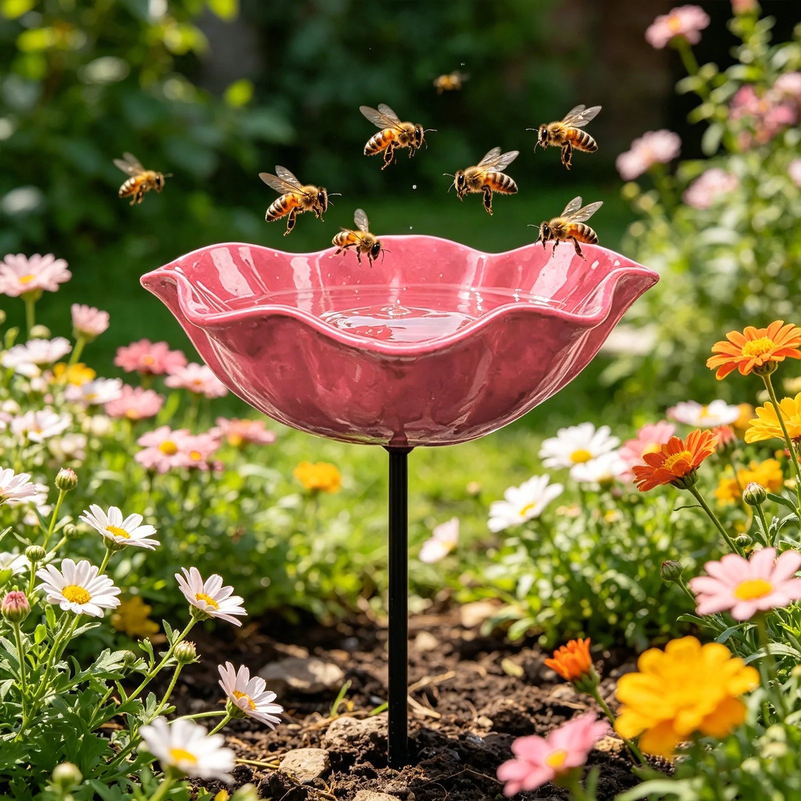 Flower Shaped Bee Watering Station Metal Flower Garden Stake Bird Bath Butterfly Water Feeder Garden Bird Bath Bowls for Outside