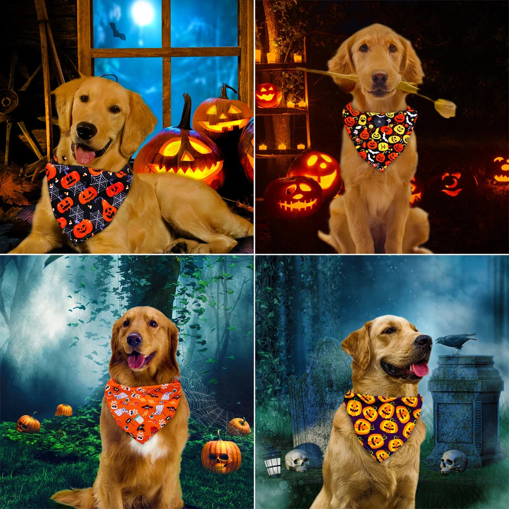 1 Pc Pet Dog Halloween Costume Scarf, Dog Bandana Accessories, Pumpkin Skull Bat & Ghost Pattern, Small Dog, Cat Bib, Pet Supplies