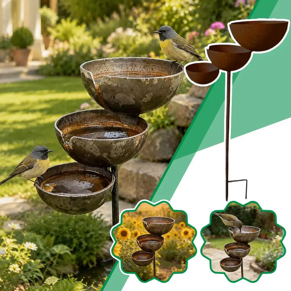 Bird Watering Bowl, Station 3 Layer with Metal Stake for Garden, Patio, Yard, Lawn Backyard Waterer ,Outdoor Decor
