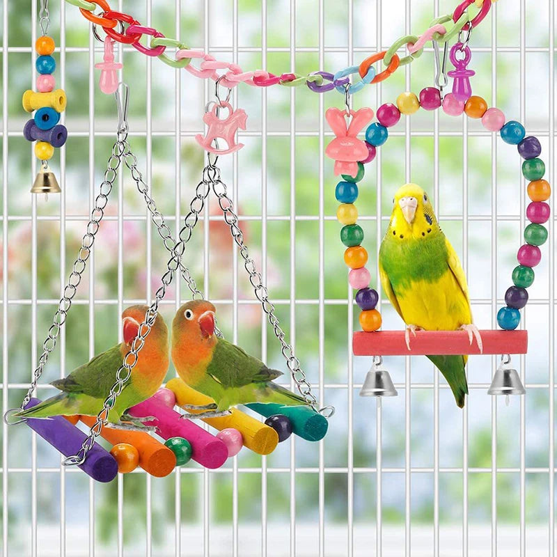 Bird Cage Toys for Parrots, Wood Birds, Swing Reliable, Chewable Bite, Bridge Wooden Beads, Shape Parrot Toy, 11pcs Bird Toys