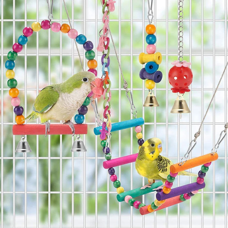 Bird Cage Toys for Parrots, Wood Birds, Swing Reliable, Chewable Bite, Bridge Wooden Beads, Shape Parrot Toy, 11pcs Bird Toys