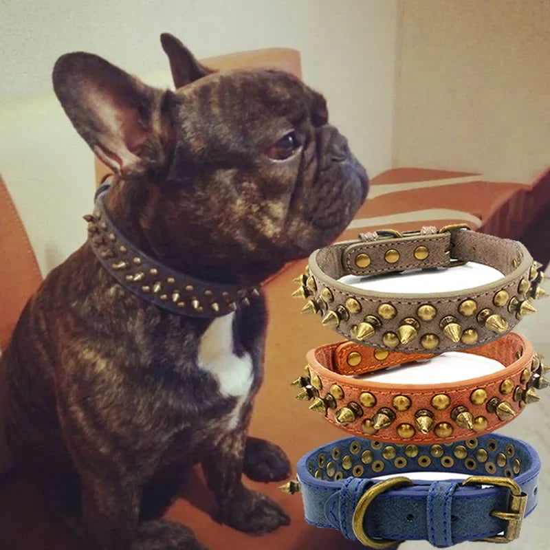 French Bulldog, Pitbull Dogs, Collar Retro Golden Rivet Studded Leather Pet Collar for Small. Medium. Large Dogs Spiked Neck Strap