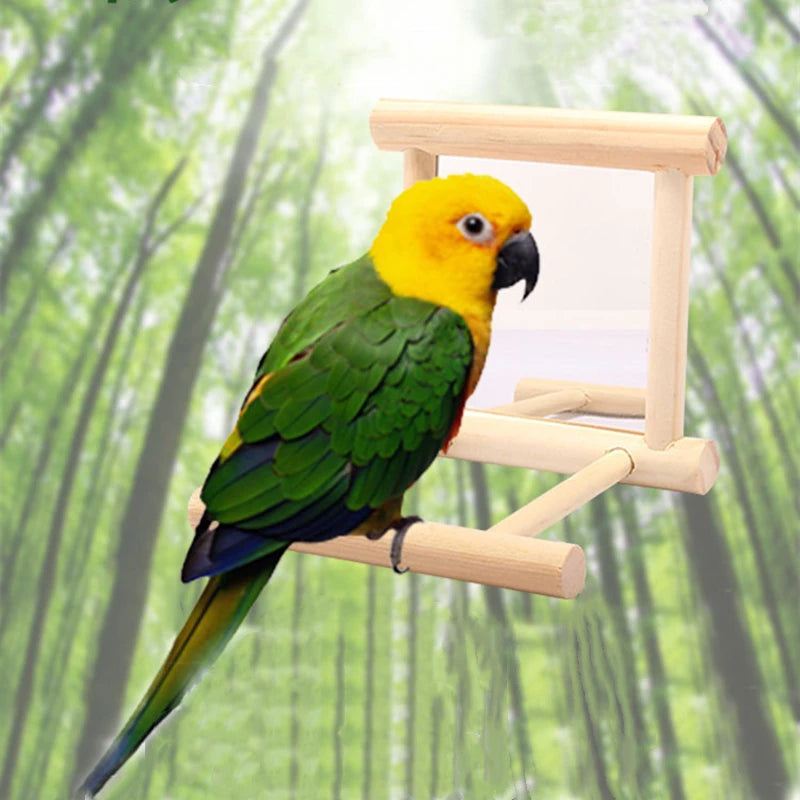 Bird Mirror, Wooden Interactive Play Toy With Perch For Small Birds, Parrot, Budgies, Parakeet, Cockatiel, Conure, Lovebirds Cage Accessories