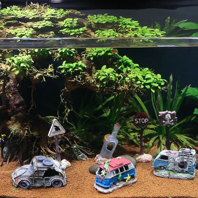 Aquarium Decoration, Decorative Ornaments, Resin Broken Bus Fish Tank Decoration, Simulation Decorative Rocks, Fish Tank Accessories