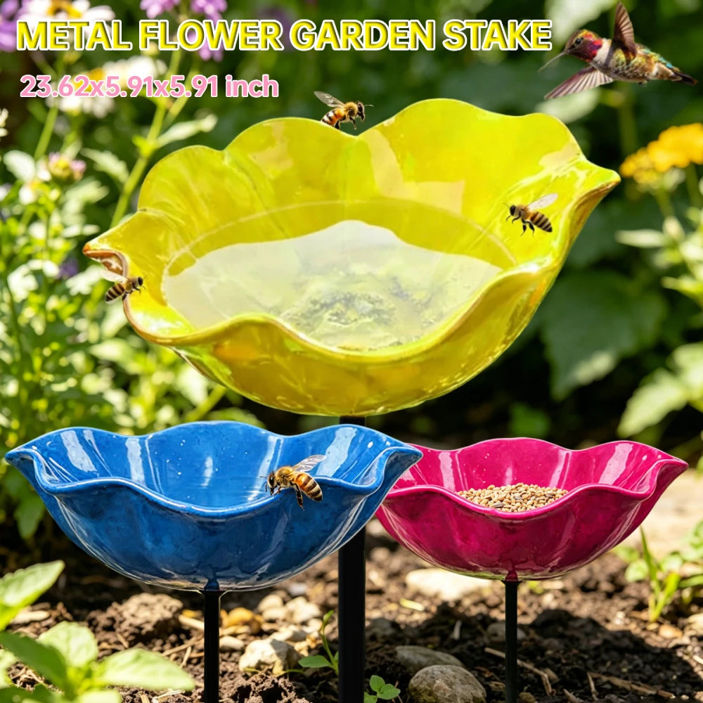 Flower Shaped Bee Watering Station Metal Flower Garden Stake Bird Bath Butterfly Water Feeder Garden Bird Bath Bowls for Outside
