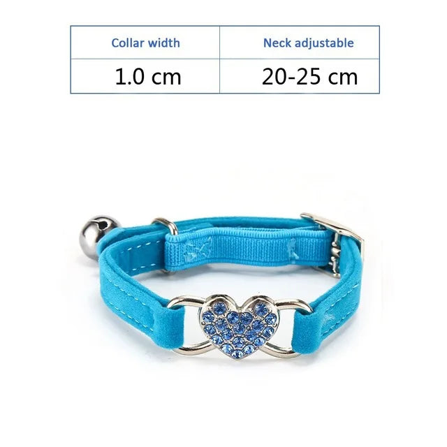 Soft, Comfortable, Plush Cat Collar, Faux Diamond, Heart Elastic Rubber Design with Bell Breakaway, Safety Essential, Pet Accessary