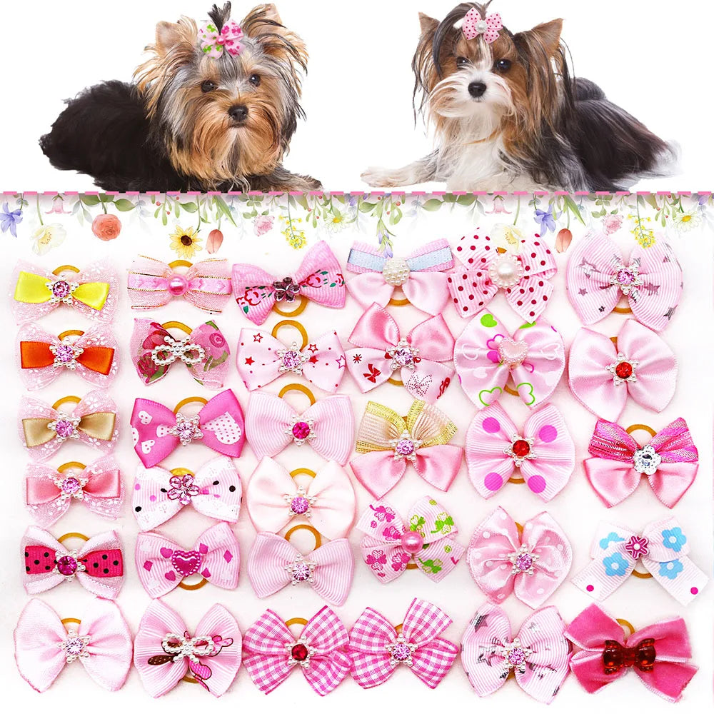 10/20PCS Pink Style Dog Bows With Rubber Bands, Diamonds Cute Dog Bowknots Hair Accessories For Dogs, Pets and Puppy Bows