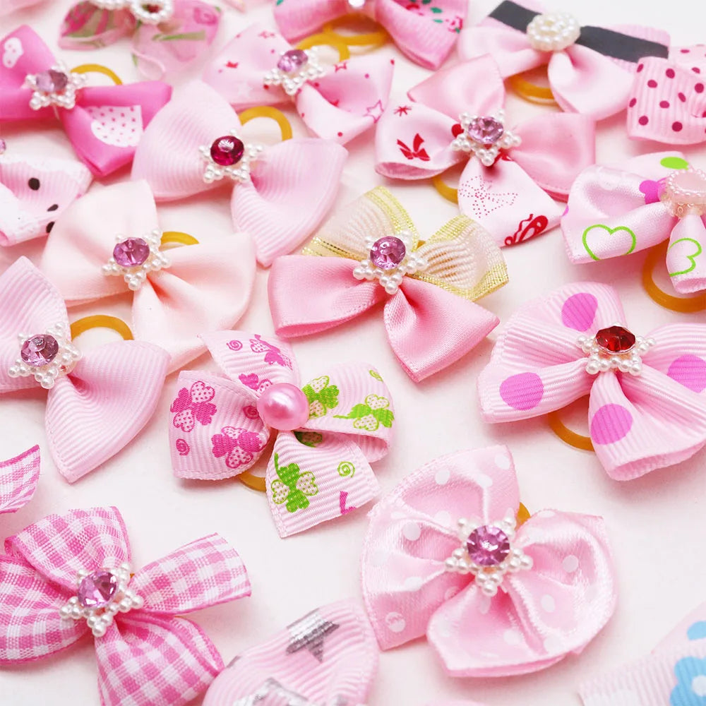 10/20PCS Pink Style Dog Bows With Rubber Bands, Diamonds Cute Dog Bowknots Hair Accessories For Dogs, Pets and Puppy Bows